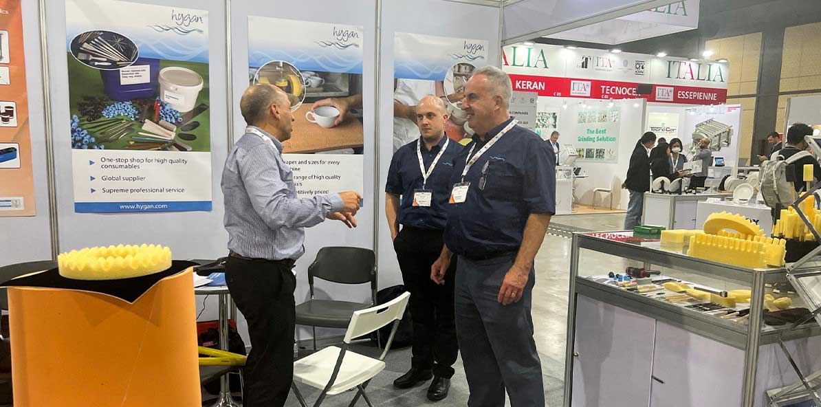 Jon Hewitt and Matt Hewitt from Hygan Products Ltd are talking with Ian Wright form IPS Ceramics at the ASEAN Ceramics 2022